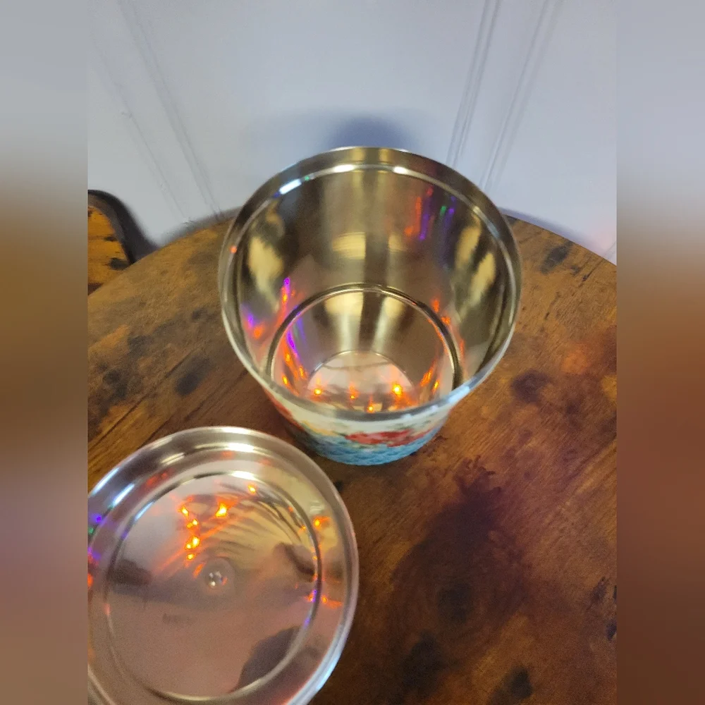 Pioneer woman retired metal pet treat can w/ lid-multi colored